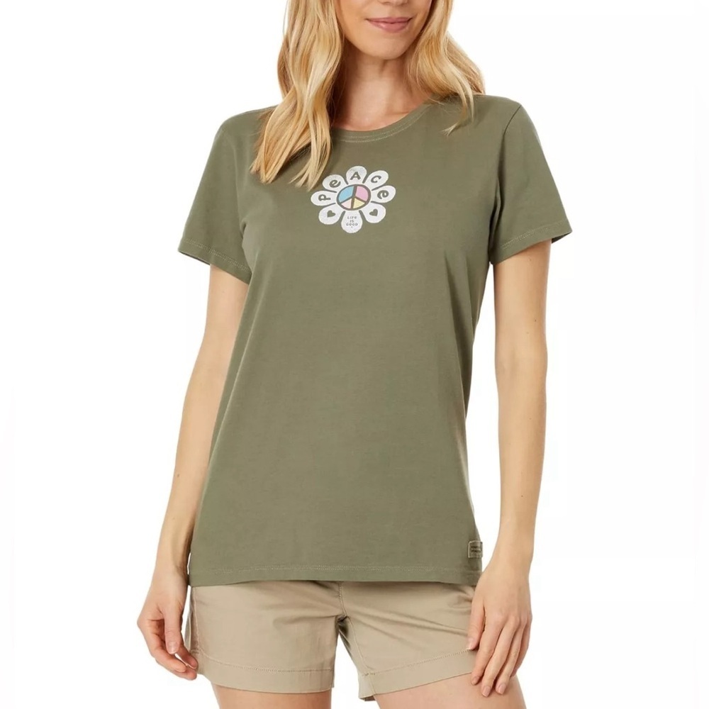 Life is Good Moss Green Peace Flower Long Women T Shirts Women’s Size Medium